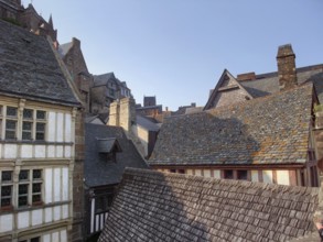 Detail of the Mont Saint Michel Abbey in Lower Normandy France at evening time