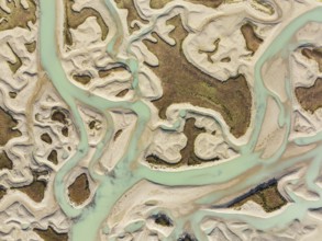 Network of channels and streams at low tide. In the marshland of the Bahía de Cádiz Nature Reserve.