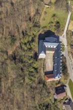 Aerial view, Rhoden in Diemelsee in Hesse, historic town centre with Rhoden Castle, transitional