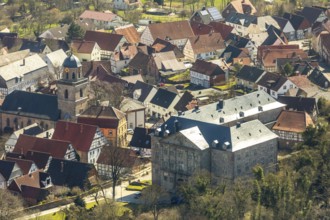 Aerial view, Rhoden in Diemelsee in Hesse, historic town centre with Rhoden Castle, transitional
