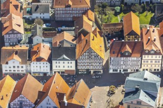 Aerial view, half-timbered houses on Brunnenstraße on the town hill, in Bad Wildungen in Hesse. Bad
