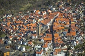 Aerial view, town centre of Wildungen with Protestant church on the town hill, in Bad Wildungen in