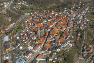 Aerial view, town centre of Wildungen with Protestant church on the town hill, in Bad Wildungen in