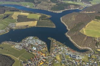 Aerial view, Heringhausen with reservoir, dam wall, hydroelectric power station and equalising