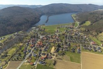 Aerial view, Affolderner See and village Affoldern in Edertal, district Waldeck-Frankenberg in