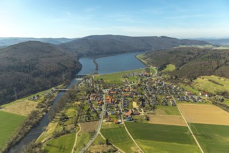 Aerial view, Affolderner See and village Affoldern in Edertal, district Waldeck-Frankenberg in