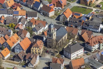 Aerial view, Rhoden in Diemelsee in Hesse, historical town centre, Protestant town church Rhoden.