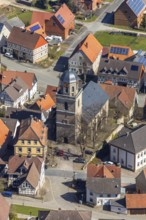 Aerial view, Rhoden in Diemelsee in Hesse, historical town centre, Protestant town church Rhoden.