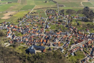 Aerial view, Rhoden in Diemelsee in Hesse, historic town centre with Rhoden Castle, transitional