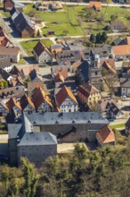 Aerial view, Rhoden in Diemelsee in Hesse, historic town centre with Rhoden Castle, transitional