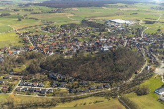 Aerial view, Rhoden in Diemelsee in Hesse, historic town centre with Rhoden Castle, transitional