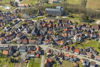 Aerial view, Rhoden in Diemelsee in Hesse, historic town centre with Rhoden Castle, transitional
