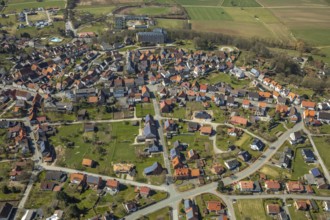 Aerial view, Rhoden in Diemelsee in Hesse, historic town centre with Rhoden Castle, transitional