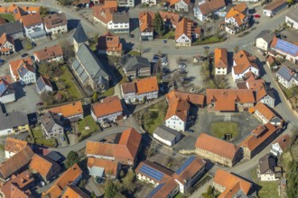 Aerial view, Adorf in Diemelsee in Hesse, town centre with courtyard domain, Romanesque basilica St