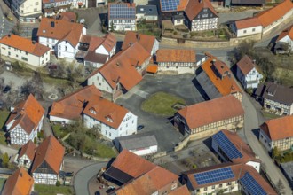 Aerial view, Adorf in Diemelsee in Hesse, town centre with courtyard domain, Romanesque basilica St