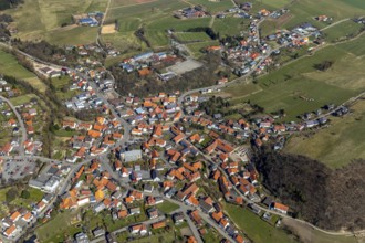 Aerial view, Adorf in Diemelsee in Hesse, town centre with courtyard domain, Romanesque basilica St