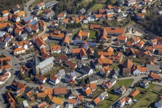 Aerial view, Adorf in Diemelsee in Hesse, town centre with courtyard domain, Romanesque basilica St