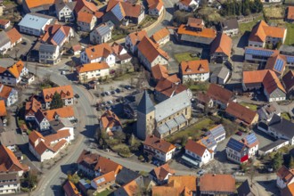 Aerial view, Adorf in Diemelsee in Hesse, Romanesque Basilica of St John the Baptist, fortified