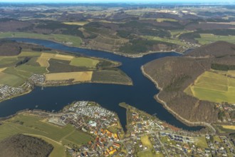 Aerial view, Heringhausen with reservoir, dam wall, hydroelectric power station and equalising