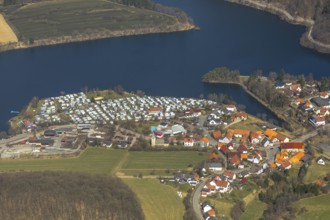 Aerial view, Heringhausen with reservoir, dam wall, hydroelectric power station and equalising