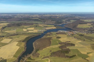 Aerial view, Heringhausen with reservoir, dam wall, hydroelectric power station and equalising
