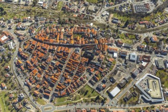 Aerial view, town centre of Wildungen with Protestant church on the town hill, in Bad Wildungen in