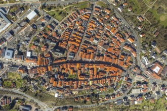 Aerial view, town centre of Wildungen with Protestant church on the town hill, in Bad Wildungen in