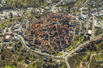 Aerial view, town centre of Wildungen with Protestant church on the town hill, in Bad Wildungen in