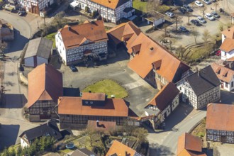 Aerial view, Adorf in Diemelsee in Hesse, town centre with courtyard domain, Romanesque basilica St