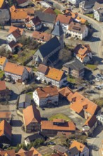 Aerial view, Adorf in Diemelsee in Hesse, town centre with courtyard domain, Romanesque basilica St