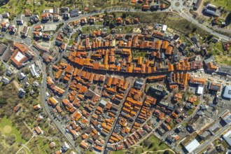 Aerial view, town centre of Wildungen with Protestant church on the town hill, in Bad Wildungen in