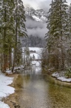 Scenery around a lake named Hintersee in Bavaria at winter time