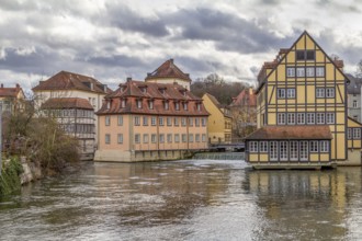 Idyllic riverside scenery in Bamberg, a town in Upper Franconia, Germany