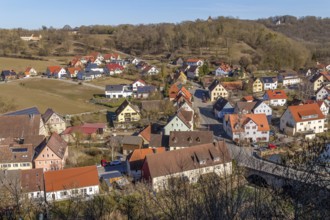 Aerial scenery around Kirchberg an der Jagst in Southern Germany at early spring time
