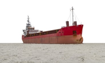 Container ship on open sea, isolated in white back