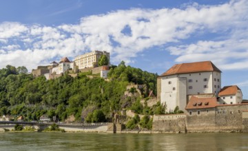 Sunny waterside scenery in Passau, a town in southern Germany at summer time