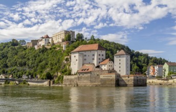 Sunny waterside scenery in Passau, a town in southern Germany at summer time