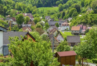 High angle view of a rural village near Mulfingen in Hohenlohe, a district in Southern Germany