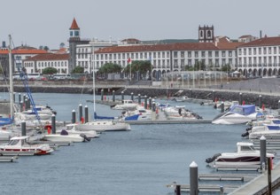City view with harbor at Ponta Delgada, capital city of the Azores at Sao Miguel Island, the