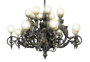 Illuminated historic dusty chandelier in black back