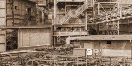 Sepia toned weathered rusty industrial scenery with old corroded steel girders and metal tubes