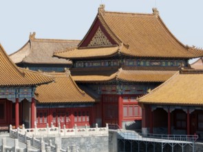Sunny iluminated architectural scenery inside the Forbidden City in Beijing China. The Forbidden