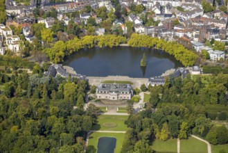 Aerial view, Benrath Castle with castle park and castle pond, Benrath, Düsseldorf, Ruhr area, North