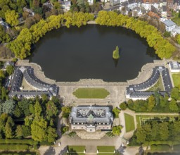 Aerial view, Benrath Castle with castle park and castle pond, Benrath, Düsseldorf, Ruhr area, North