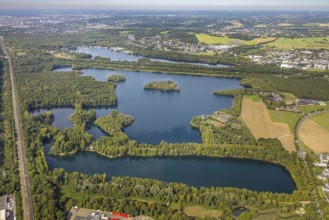 Aerial view, Elbsee, Unterbacher See and Menzelsee, railway line, Unterbach, Düsseldorf, Ruhr area,