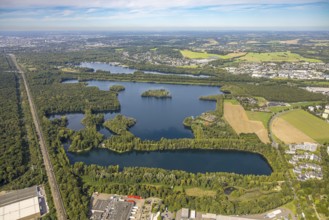 Aerial view, Elbsee, Unterbacher See and Menzelsee, railway line, Unterbach, Düsseldorf, Ruhr area,