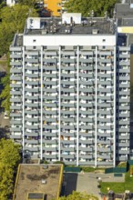 Aerial view, high-rise housing estate Fürstenberger Straße, balconies, shapes and colours, Hassels,