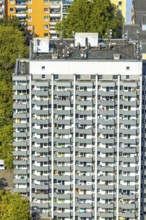 Aerial view, high-rise housing estate Fürstenberger Straße, balconies, shapes and colours, Hassels,