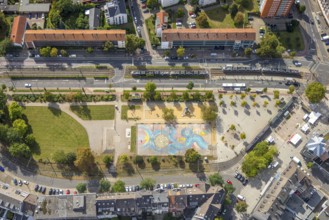 Aerial view, playground Kamper Acker, tram stop, Holthausen, Düsseldorf, Ruhr area, North