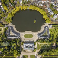 Aerial view, Benrath Castle with castle park and castle pond, Benrath, Düsseldorf, Ruhr area, North